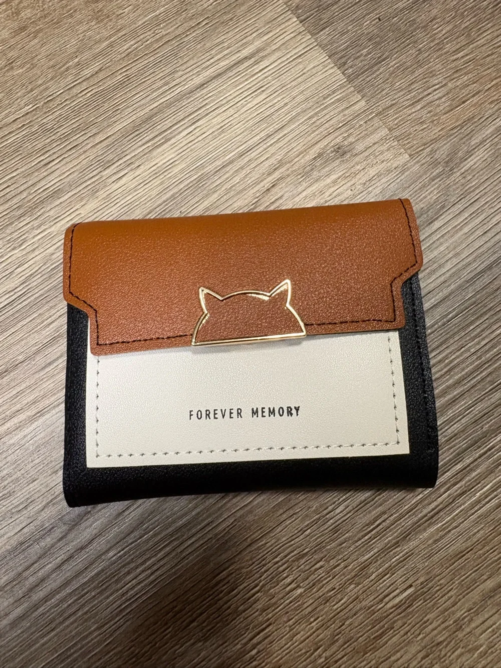 Forever Memory Color Block Trifold Wallet Cat Clasp NWT Korean Style Black/Brown